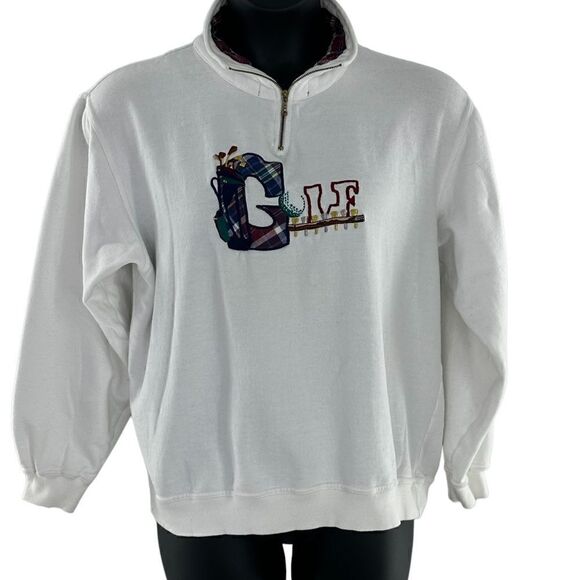 Women's Plaid Embroidered Golf Quarter Zip Mock Neck Sweatshirt White Medium - Picture 1 of 5